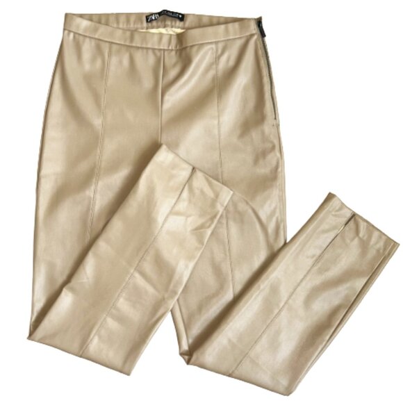 Zara Camel Faux Leather High Waist Pants M Neutral Workwear Fall Trend - Picture 4 of 10